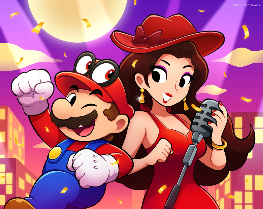 1boy 1girl 1other blue_overalls boots bracelet brown_footwear brown_hair building cappy_(mario) cityscape clenched_hands clouds dress earrings facial_hair full_moon gloves hat highres holding holding_microphone jewelry long_hair looking_at_another mario microphone moon mustache one_eye_closed open_mouth outdoors overalls pauline_(mario) purple_sky red_dress red_headwear red_nails red_shirt shirt short_hair sky skyscraper super_mario_bros. super_mario_odyssey vinny_(dingitydingus) white_gloves