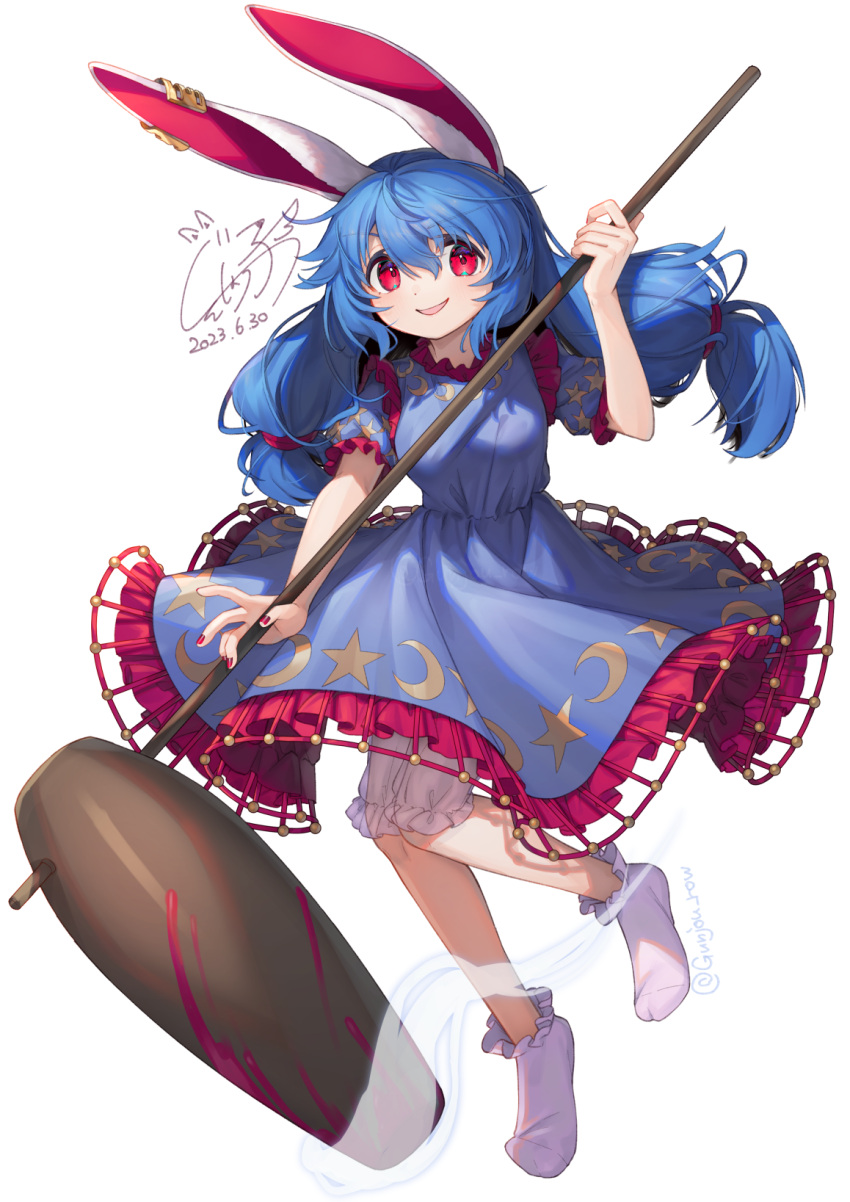 1girl animal_ears bloomers blue_dress blue_hair blush crescent_print dress earclip fingernails frilled_dress frilled_sleeves frills gunjou_row hair_between_eyes highres kine long_hair looking_at_viewer mallet nail_polish open_mouth rabbit_ears red_eyes red_nails seiran_(touhou) short_sleeves signature smile socks solo star_(symbol) star_print touhou twitter_username unfinished_dream_of_all_living_ghost white_bloomers white_socks