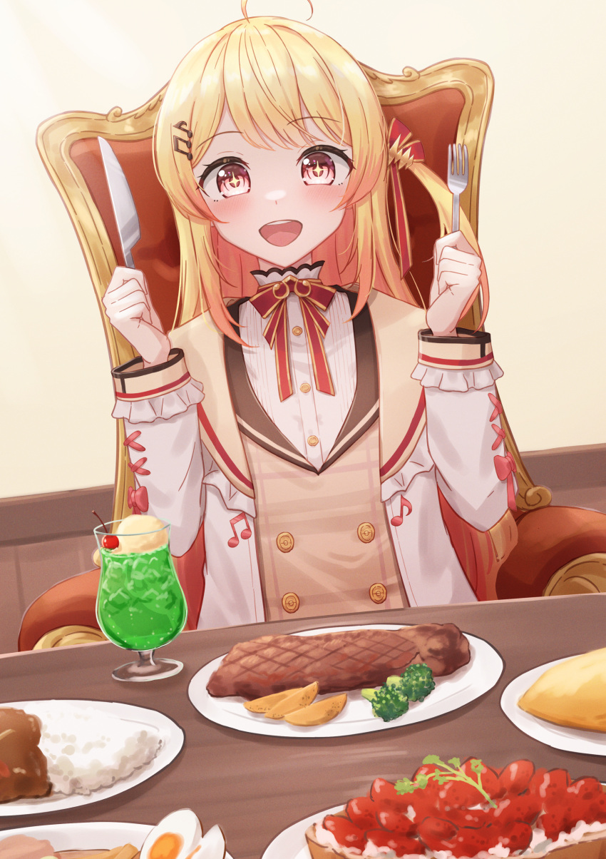 +_+ 1girl absurdres ahoge bow bowtie cup curry dinner drinking_glass egg_(food) food fork hair_ornament highres holding holding_fork holding_knife hololive hololive_dev_is knife long_hair musical_note musical_note_hair_ornament omelet otonose_kanade red_bow red_bowtie red_eyes steak typho virtual_youtuber