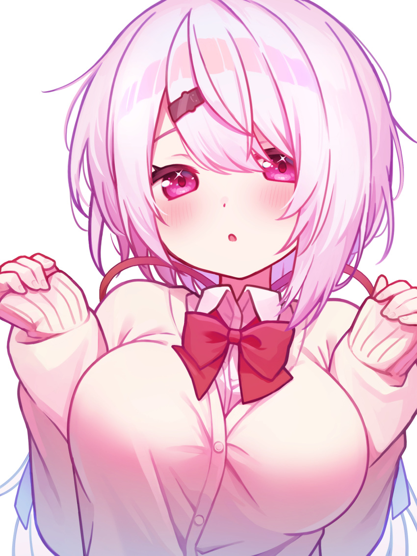 1girl :o blush bow bowtie breasts brown_cardigan cardigan collared_shirt commentary fingernails hair_ornament hair_ribbon hairclip hands_up highres huge_breasts long_hair long_sleeves looking_at_viewer namin_(anjpzaobmhbppxs) nijisanji pink_eyes pink_hair red_bow red_bowtie red_ribbon ribbon shiina_yuika shiina_yuika_(1st_costume) shirt simple_background sleeves_past_wrists solo upper_body white_background white_shirt