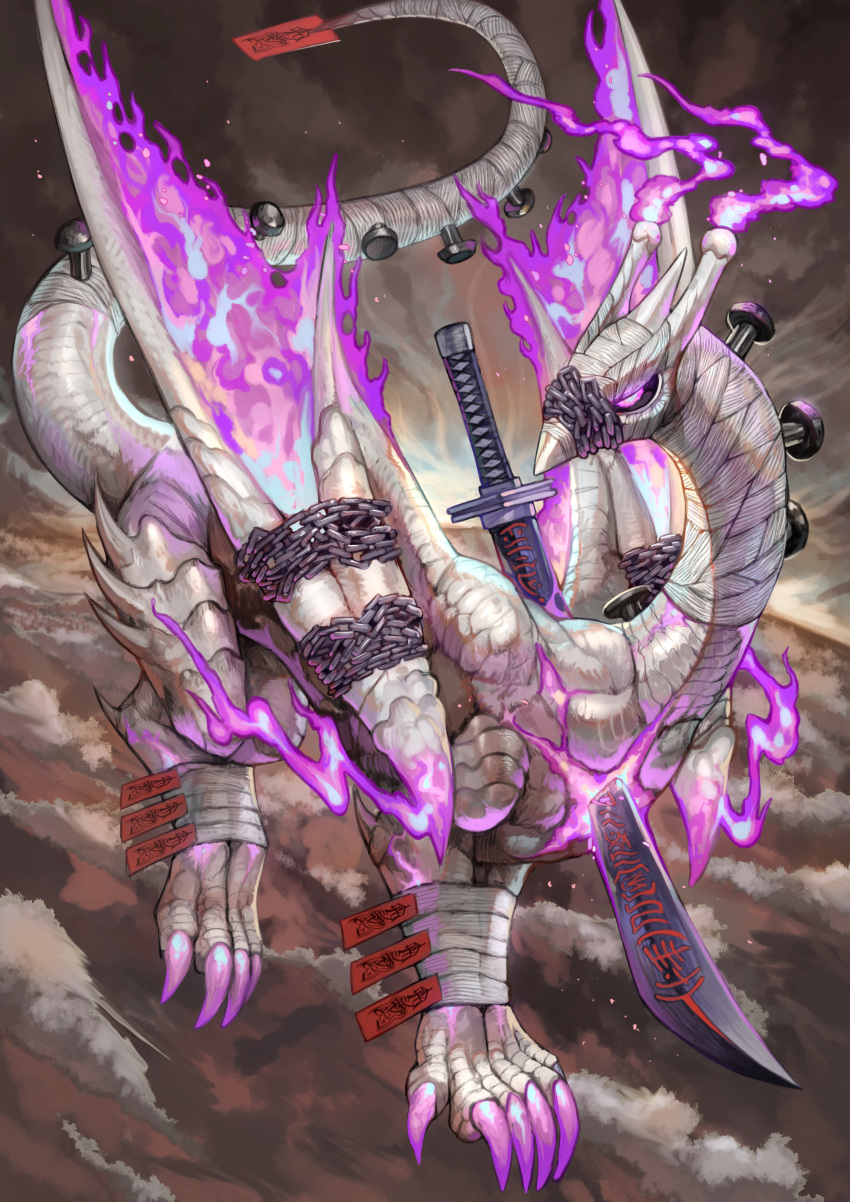 above_clouds absurdres beak black_sclera blue_eyes bound bound_arms bound_legs bound_wings bright_pupils brown_background chain chained claws clouds colored_sclera dragon fiery_wings fire full_body grey_scales highres horns impaled katana looking_at_viewer monster nail no_humans original outdoors pink_eyes pink_fire scales solo sumosamo sword tail tail_wrap weapon white_horns wings