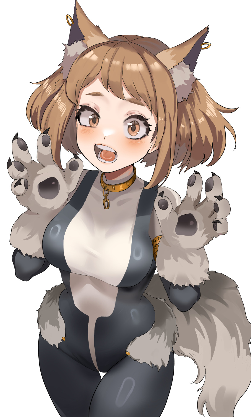 1girl absurdres animal_ears animal_hands black_bodysuit bodysuit boku_no_hero_academia brown_eyes brown_hair claw_pose gloves highres looking_at_viewer multicolored_bodysuit multicolored_clothes open_mouth paw_gloves short_hair simple_background solo superhero tail uraraka_ochako white_background white_bodysuit wolf_ears wolf_girl wolf_tail zd_(pixiv6210083)