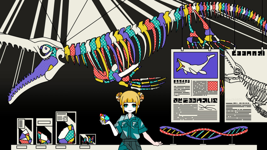 1girl animal_skeleton aqua_eyes aqua_shirt blonde_hair blunt_bangs breast_pocket closed_mouth collared_shirt colored_skin colorful commentary_request dinosaur dinosaur_skeleton display_case dna double_bun double_helix hair_bun hand_up highres holding holding_rock indoors light_rays looking_at_viewer machigami_yoh mosasaurus museum original pocket rock shirt short_hair short_sleeves sidelocks sign smile solo standing straight-on uniform upper_body white_skin wide_shot