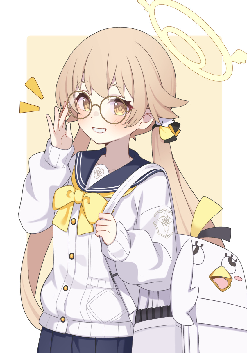1girl absurdres backpack bag bespectacled black_sailor_collar black_skirt blue_archive blush buttons cardigan glasses grin hifumi_(blue_archive) highres light_brown_hair long_hair long_sleeves looking_at_viewer low_twintails peroro_(blue_archive) pleated_skirt round_eyewear ruiyuzawa sailor_collar skirt smile solo twintails upper_body white_cardigan yellow_eyes