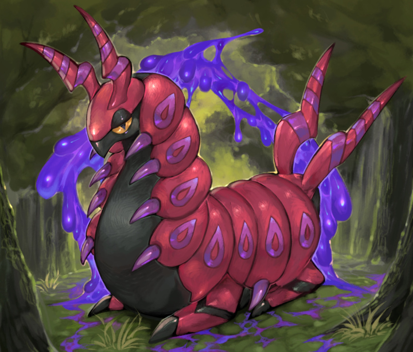 antennae black_eyes colored_sclera forest full_body grass green_background highres looking_at_viewer nature no_humans orange_sclera outdoors pokemon pokemon_(creature) scolipede sitting slime_(substance) slit_pupils solo sumosamo tree