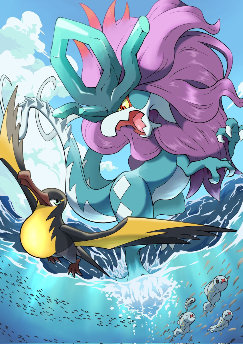 &gt;_&lt; animal_focus beak big_hair bird blue_skin blue_sky claws clouds colored_sclera colored_skin commentary_request eel fish grey_eyes highres kilowattrel no_humans open_mouth pokemon pokemon_(creature) purple_hair q-chan red_eyes sharp_teeth sky solid_oval_eyes tail talons teeth tynamo underwater walking_wake wings yellow_sclera