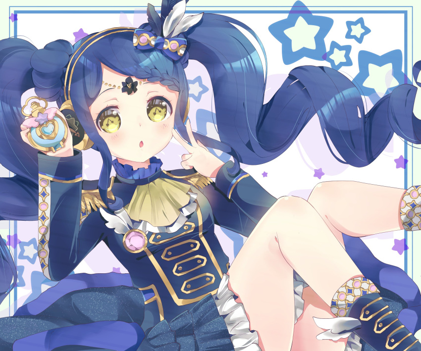 1girl :o ascot blue_bow blue_footwear blue_hair blue_jacket blue_skirt blush boots bow braid braided_bangs breasts commentary_request epaulettes frilled_skirt frills galala_s_leep hair_bow hands_up headphones highres holding holding_pocket_watch idol_clothes idol_time_pripara jacket knees_up long_hair long_sleeves looking_at_viewer open_mouth pocket_watch pretty_(series) pripara sidelocks sitting skirt small_breasts solo symbol_in_eye twintails v very_long_hair watch y_uma yellow_ascot yellow_eyes