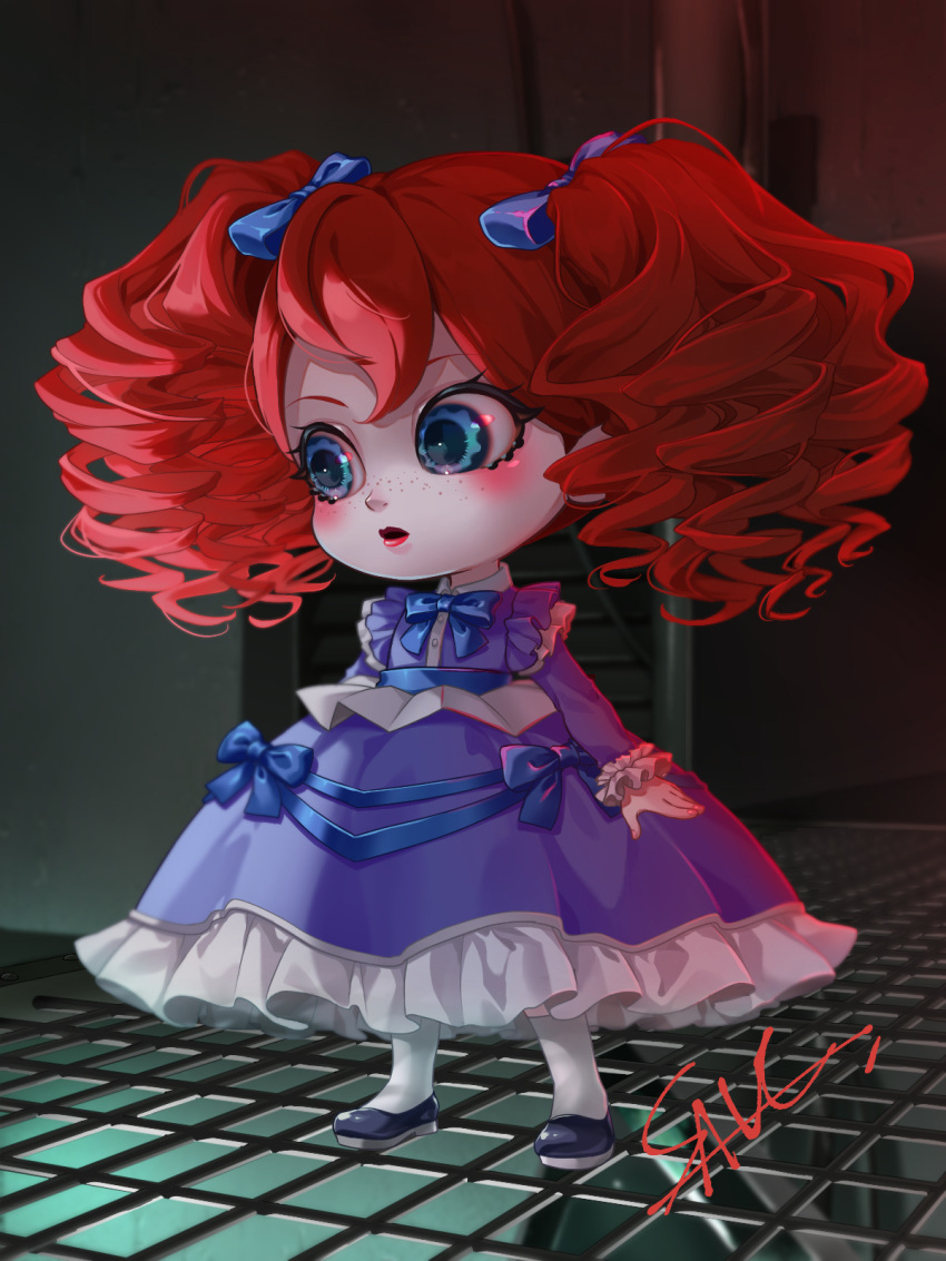 1girl black_footwear blue_dress blue_eyes blush curly_hair doll dress freckles highres long_hair open_mouth pale_skin pantyhose poppy_playtime poppy_playtime_(character) redhead ribbon save_(naita_aooni) shoes solo twintails white_pantyhose