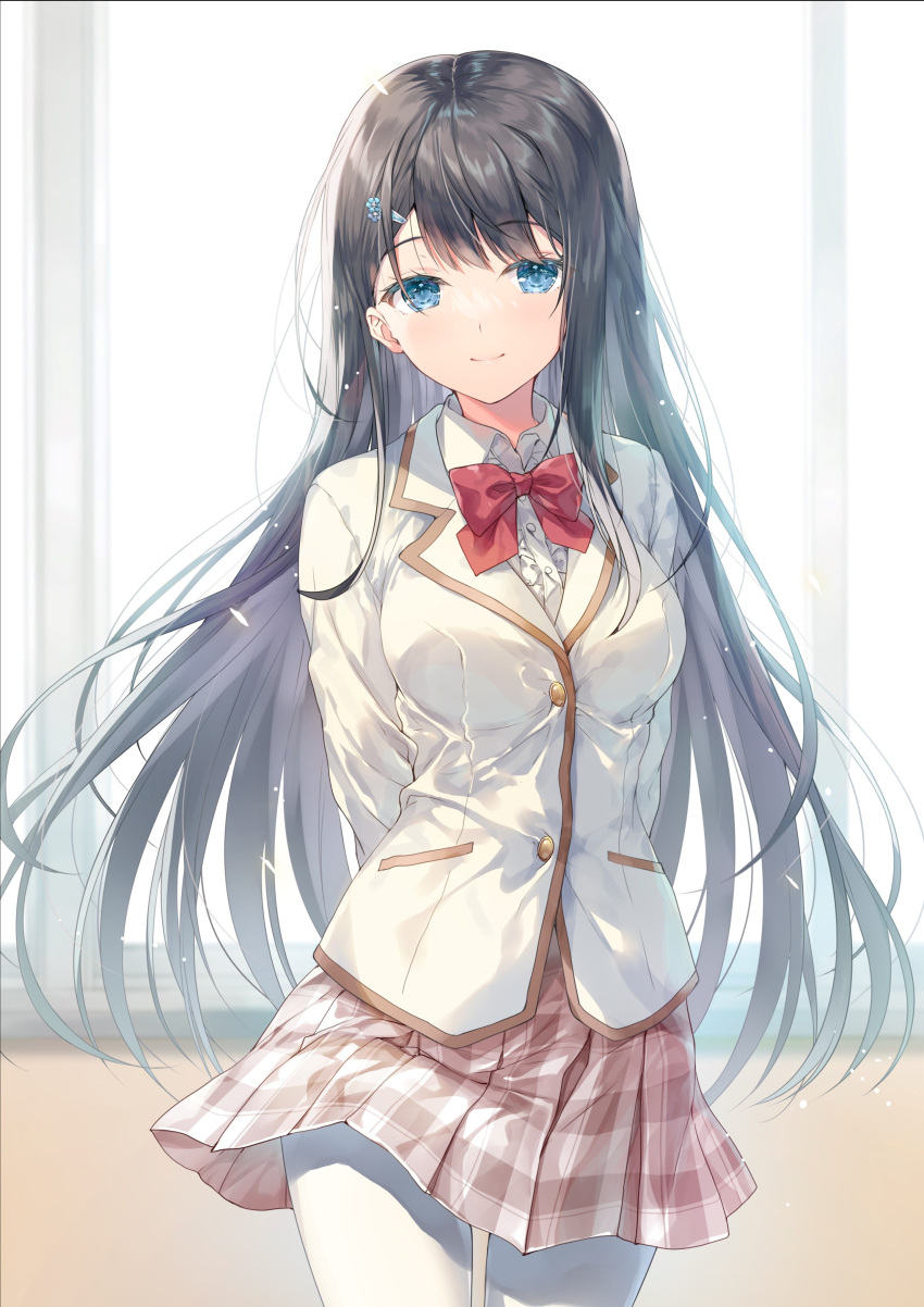 1girl absurdres aqua_eyes arms_behind_back black_hair bow bowtie closed_mouth collar collared_shirt floating_hair hair_ornament hairclip highres long_hair looking_at_viewer miwabe_sakura novel_illustration official_art pantyhose red_bow red_bowtie saijo_no_osewa school_uniform shirt skirt smile solo standing striped striped_skirt suminoe_chika white_collar white_pantyhose white_shirt