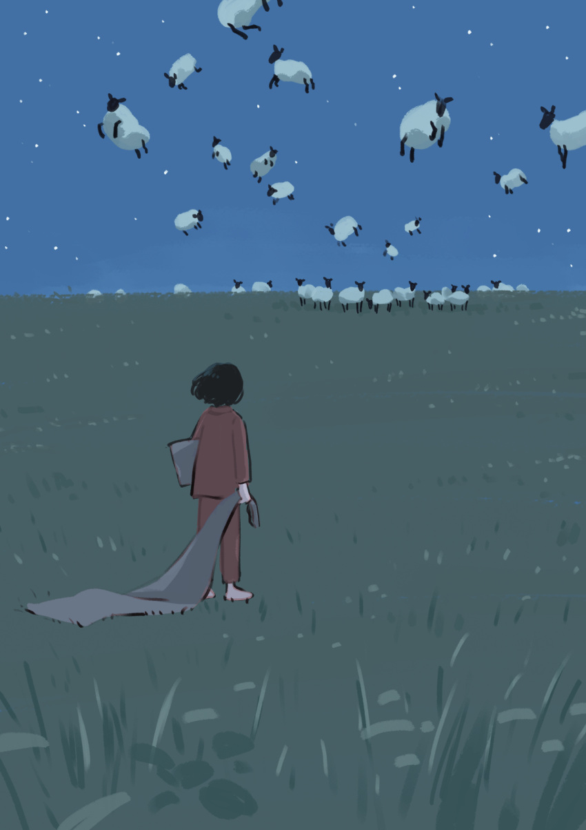 1other ambiguous_gender barefoot black_hair blanket dragging field flying from_behind grass highres holding holding_blanket holding_pillow monaka_(siromona) night original pajamas pillow red_pajamas sheep short_hair sky star_(sky) starry_sky