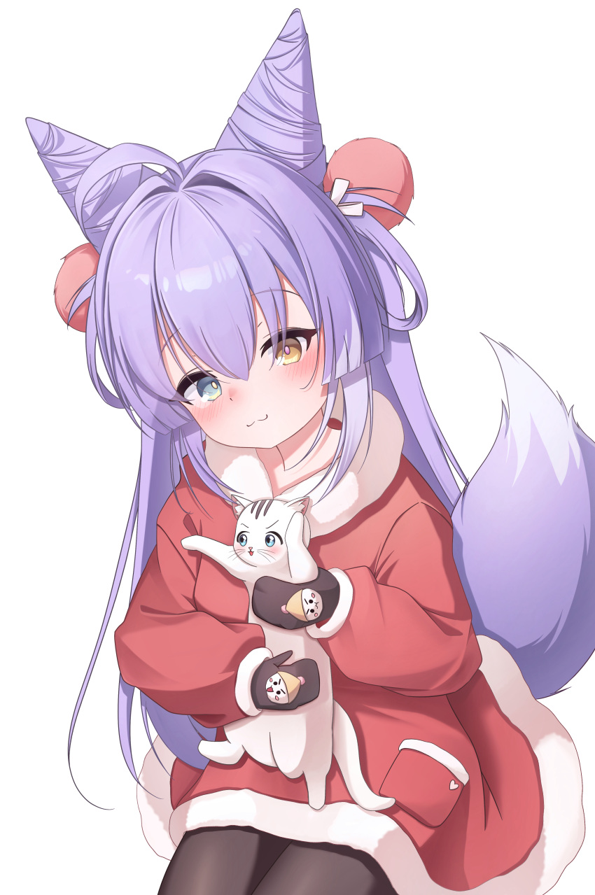 1girl :3 absurdres ahoge animal black_mittens black_pantyhose blue_eyes blush cat character_print closed_mouth cone_hair_bun double_bun fox_tail fur-trimmed_jacket fur_trim hair_bun hair_ornament hair_rings heterochromia highres holding holding_animal holding_cat inari_(tenko_shibuki) jacket long_hair long_sleeves mittens nams2 pantyhose pom_pom_(clothes) pom_pom_hair_ornament purple_hair red_jacket simple_background sitting solo stellive tail tenko_shibuki virtual_youtuber white_background white_cat yellow_eyes