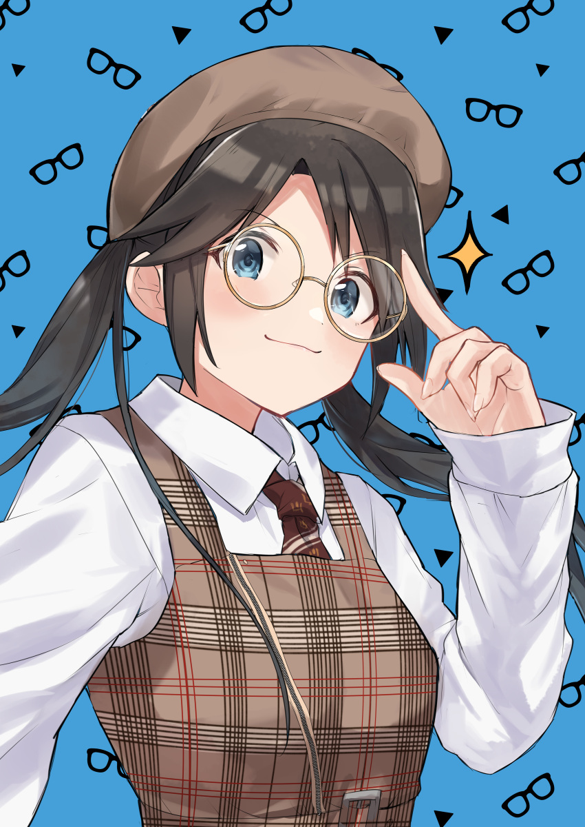 1girl :3 absurdres beret black_hair blue_background blue_eyes blush glasses hanetsuka hat highres idolmaster idolmaster_shiny_colors long_hair long_sleeves looking_at_viewer mitsumine_yuika necktie patterned_background shirt solo sparkle twintails white_shirt