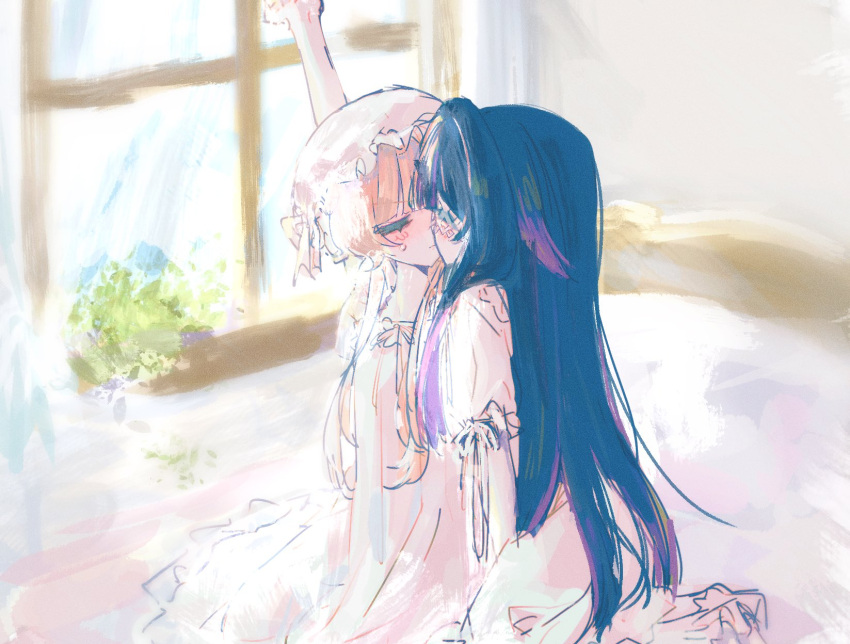 2girls arms_up black_hair blush bonnet brown_hair closed_eyes closed_mouth columbina_(genshin_impact) commentary dress english_commentary eye_mask genshin_impact hair_flaps hand_up headdress highres imminent_kiss kiss kneeling long_hair mask multicolored_hair multiple_girls nightgown on_bed plant purple_hair purple_streaks ribbon sabasba sandrone_(genshin_impact) see-through_clothes see-through_mask short_hair_with_long_locks sidelocks sitting streaked_hair two-tone_hair very_long_hair white_dress white_headdress white_mask window x-shaped_eyewear yuri