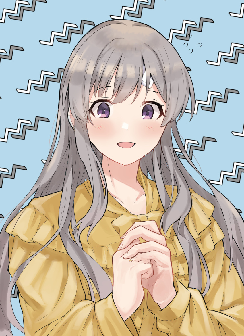 1girl :d absurdres bandaid blush embarrassed flying_sweatdrops frilled_shirt frills hair_down hanetsuka highres idolmaster idolmaster_shiny_colors light_blue_background long_sleeves looking_down own_hands_clasped own_hands_together patterned_background shirt smile solo yellow_shirt yukoku_kiriko