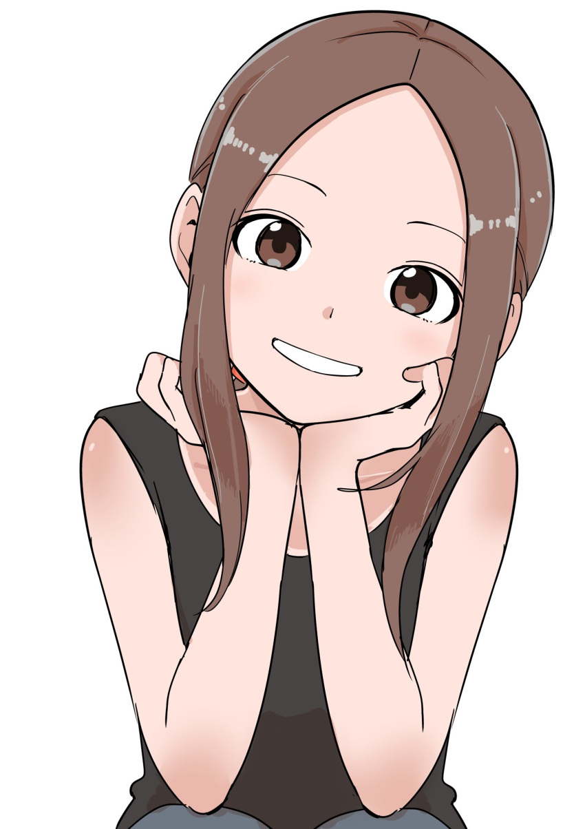 1girl black_tank_top brown_eyes brown_hair clenched_teeth commentary_request grin hands_on_own_chin head_rest highres inaba_mifumi karakai_jouzu_no_(moto)_takagi-san karakai_jouzu_no_takagi-san long_hair looking_at_viewer simple_background smile solo takagi-san tank_top teeth upper_body white_background