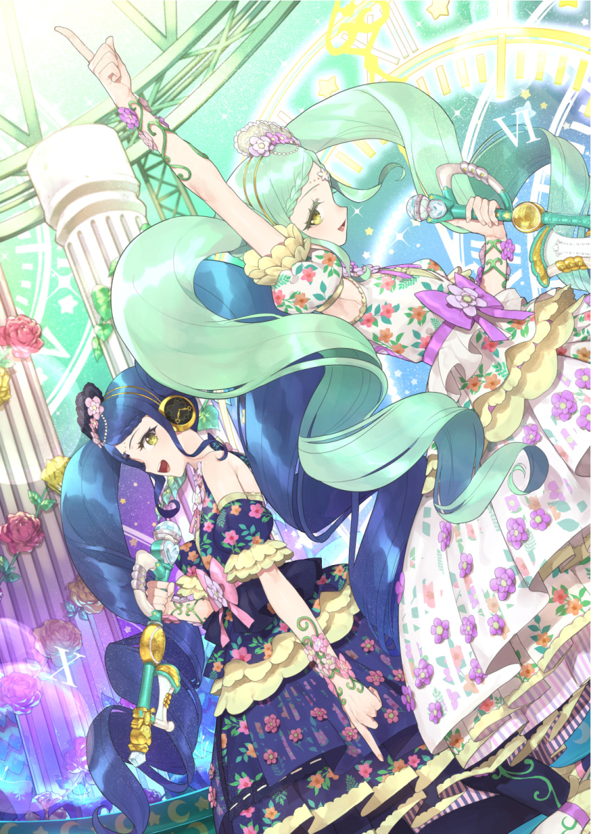 2girls :d arm_up armpits back-to-back blue_dress blue_hair bow braid braided_bangs clock column commentary_request detached_sleeves dress dutch_angle falala_a_larm floral_print flower frilled_dress frilled_sleeves frills from_side galala_s_leep glowing green_hair hand_up headphones highres hitoto holding holding_microphone idol idol_clothes idol_time_pripara index_finger_raised long_hair looking_at_viewer microphone multiple_girls music open_mouth pillar pink_bow pink_flower pink_rose pretty_(series) print_dress pripara puffy_detached_sleeves puffy_sleeves purple_bow rose siblings sidelocks singing sisters smile twins twintails very_long_hair white_dress wrist_flower yellow_eyes yellow_flower yellow_rose