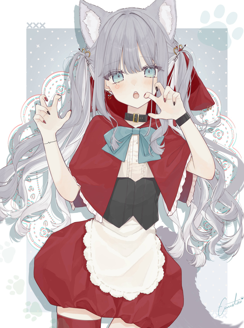 1girl absurdres animal_ear_fluff animal_ears apron black_collar blue_bow blue_bowtie bow bowtie capelet collar fuwa_toco hair_ornament highres hood multicolored_nails original red_capelet red_thighhighs tail thigh-highs twintails white_apron wristband