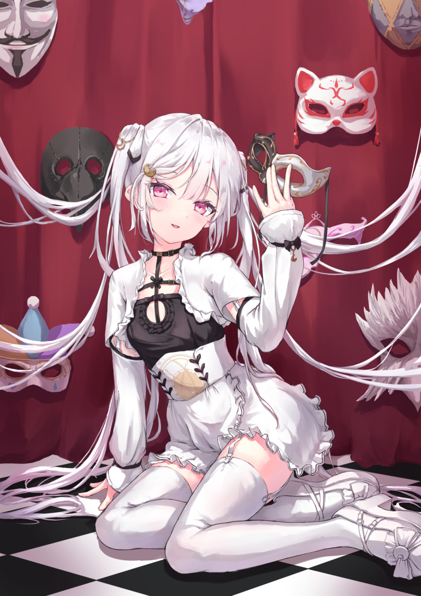 1girl :d checkered_floor choker crescent crescent_hair_ornament curtains detached_sleeves garter_straps guy_fawkes_mask hair_ornament highres holding holding_mask mask on_floor original parufeito pink_eyes plague_doctor_mask smile solo thigh-highs twintails white_footwear white_hair white_thighhighs