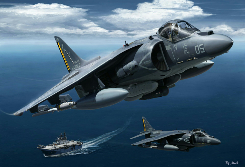 2others aircraft aircraft_carrier airplane ambiguous_gender artist_name blue_sky canopy_(aircraft) clouds cloudy_sky commentary_request day english_commentary fighter_jet flying hawker_harrier horizon jet mick_(m.ishizuka) military_vehicle missile mixed-language_commentary multiple_others ocean original outdoors pilot realistic roundel ship sky united_states_marine_corps vehicle_focus warship water watercraft