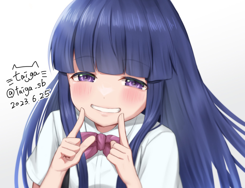 1girl 2023 blue_hair blunt_bangs blush bow bowtie close-up collared_shirt commentary_request dated eyelashes finger_to_mouth furude_rika grin half-closed_eyes highres higurashi_no_naku_koro_ni index_finger_raised lips long_hair looking_at_viewer pink_bow pink_bowtie shirt short_sleeves sidelocks signature simple_background smile solo taiga_sb twitter_username very_long_hair violet_eyes white_background white_shirt