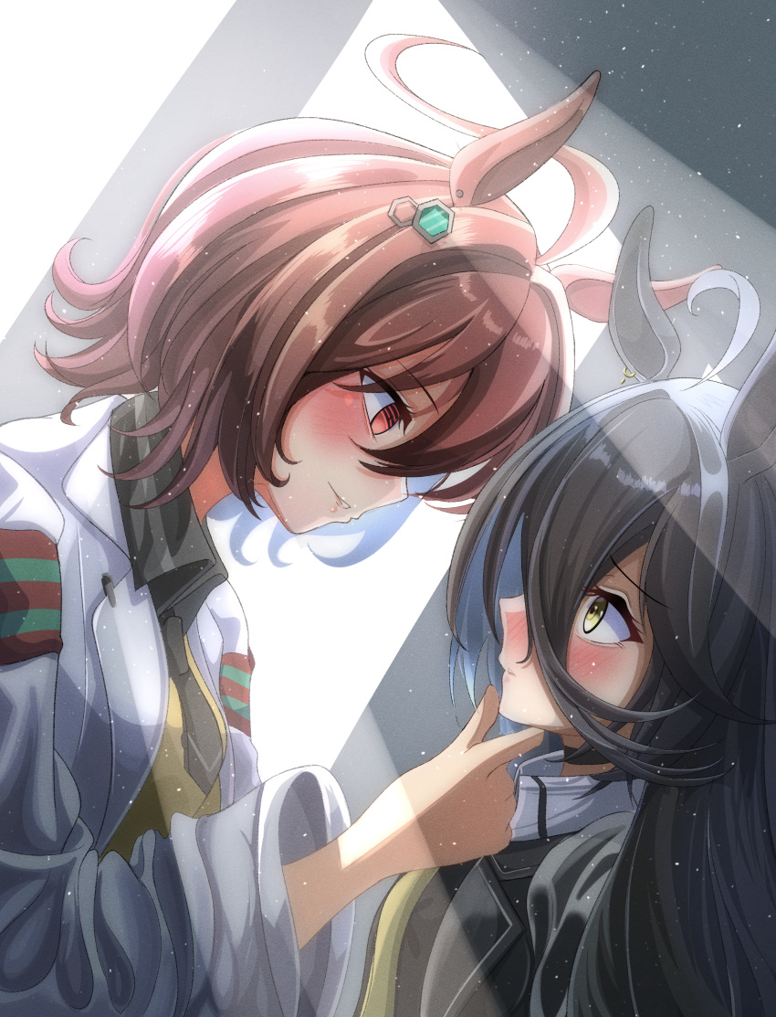 2girls absurdres agnes_tachyon_(umamusume) ahoge animal_ears black_hair black_jacket black_necktie black_shirt blush brown_hair buckwheat638478 chemical_structure closed_mouth coat collared_shirt commentary_request earrings from_side hair_between_eyes hand_on_another's_chin highres horse_ears horse_girl jacket jewelry long_hair long_sleeves manhattan_cafe_(umamusume) multicolored_hair multiple_girls necktie pen shirt short_hair single_earring streaked_hair sweater_vest umamusume upper_body white_coat white_hair yellow_eyes yellow_necktie yellow_sweater_vest