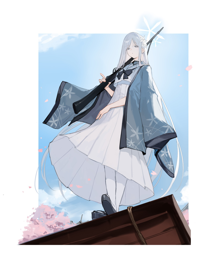1girl absurdres architecture black_bow blue_archive blue_sky bow bowtie cherry_blossoms closed_mouth clouds commentary_request dangoyoo east_asian_architecture falling_petals from_below grey_eyes grey_hair gun halo haori highres holding holding_gun holding_weapon japanese_clothes long_skirt nagusa_(blue_archive) petals pleated_skirt sailor_collar school_uniform serafuku skirt sky solo standing weapon white_sailor_collar white_serafuku white_skirt zouri