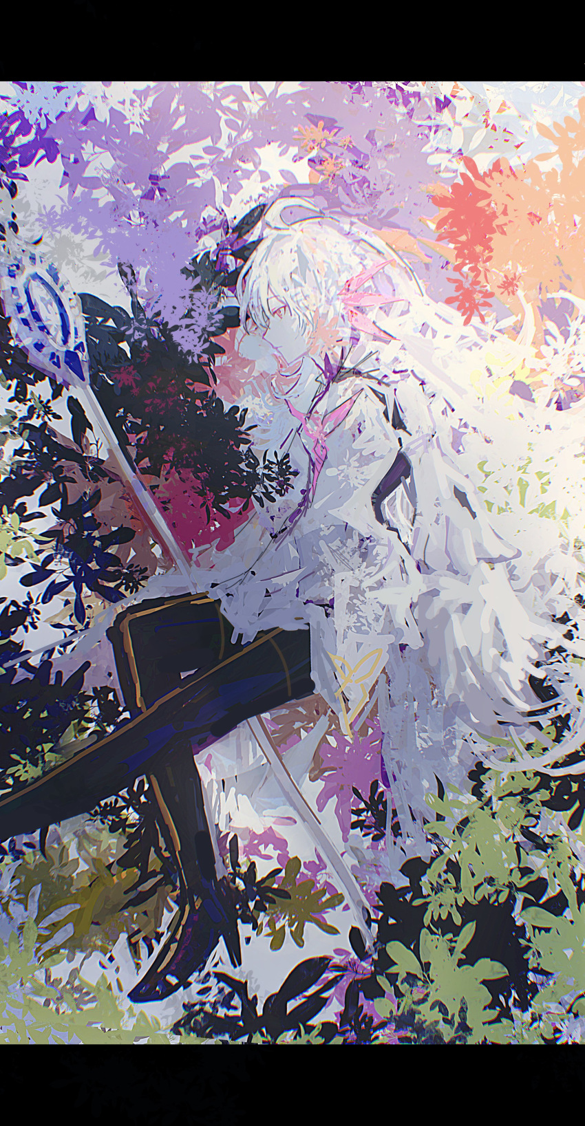 1girl absurdres ahoge bsy76nsffookcmf colorful fate/prototype fate_(series) from_side highres holding leg_up long_hair looking_ahead merlin_(fate/prototype) painterly profile robe solo very_long_hair violet_eyes white_hair white_robe wide_sleeves