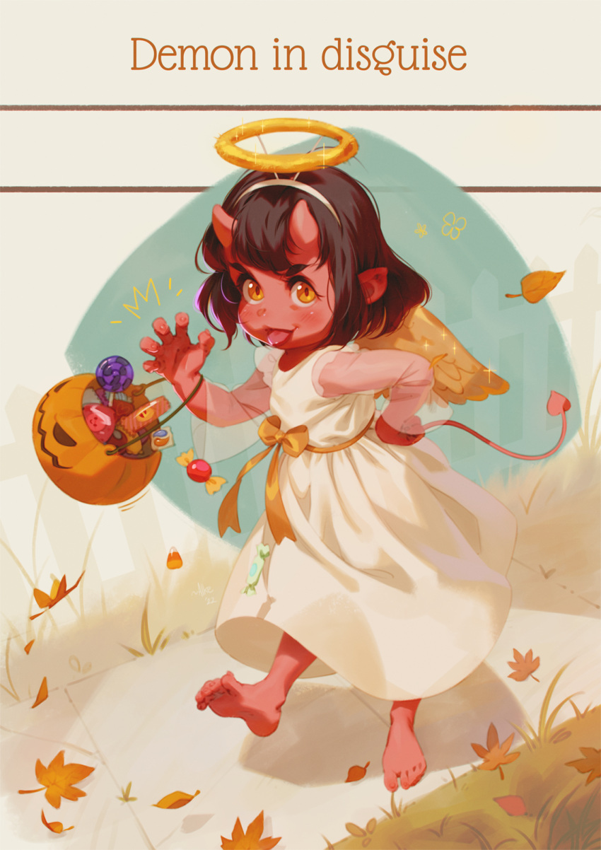 1girl alkemanubis barefoot black_hair blush bow candy claws closed_mouth colored_skin commentary demon_girl demon_horns demon_tail dress english_commentary english_text fake_halo food full_body hairband halloween halloween_bucket halo hand_on_own_hip highres horns jack-o'-lantern loli long_sleeves looking_at_viewer orange_eyes original pointy_ears red_skin see-through see-through_sleeves short_hair soles solo tail toes tongue tongue_out walking white_dress white_hairband yellow_bow