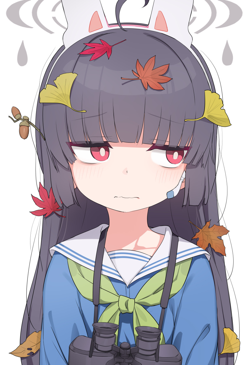 1girl absurdres ahoge animal_ears binoculars black_hair blue_archive blush bright_pupils closed_mouth csham fake_animal_ears green_neckerchief grey_halo halo highres leaf leaf_on_head long_hair looking_to_the_side miyu_(blue_archive) neckerchief rabbit_ears red_eyes sailor_collar sideways_glance simple_background solo upper_body white_background white_pupils white_sailor_collar