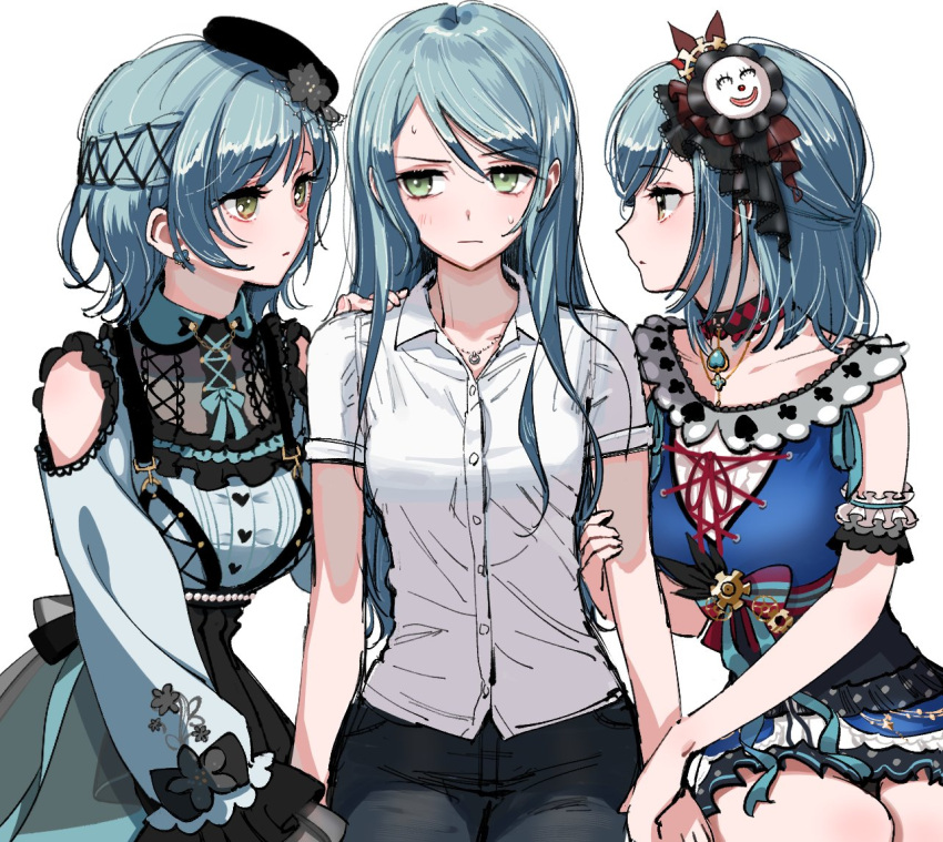 3girls aqua_dress aqua_hair bang_dream! blue_dress clone_harem cross-laced_clothes cross-laced_dress denim detached_sleeves dress framed_breasts frilled_dress frilled_sleeves frills green_eyes hand_on_another's_shoulder hikawa_hina hikawa_sayo holding_another's_arm imminent_kiss incest jeans long_hair long_sleeves looking_at_another looking_to_the_side medium_hair multiple_girls nervous nervous_sweating pants shirt siblings sisters sweat twincest twins white_background white_shirt yuri zihacheol
