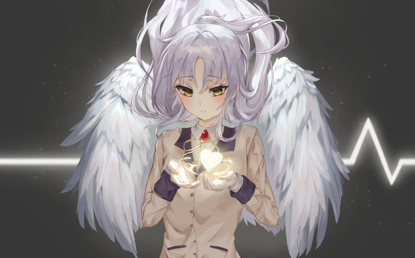 1girl absurdres angel angel_beats! angel_wings black_background blush collared_shirt commentary_request eyelashes feathered_wings floating_hair glowing_heart hair_between_eyes hands_up heart highres jacket long_hair long_sleeves looking_down neck_ribbon parted_bangs parted_lips ribbon school_uniform shirt short_ponytail sidelocks simple_background solo sty tachibana_kanade upper_body white_hair white_shirt wings yellow_eyes yellow_jacket yellow_ribbon