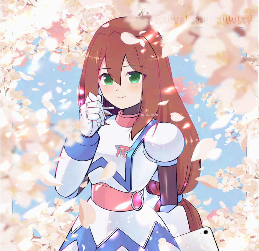 1girl blue_background border brown_hair cherry_blossoms commentary falling_petals green_eyes hair_between_eyes hair_intakes highres iris_(mega_man) long_hair looking_at_viewer low-tied_long_hair mega_man_(series) mega_man_x_(series) petals pink_petals rikka_(user_hruv2435) solo standing watermark white_border