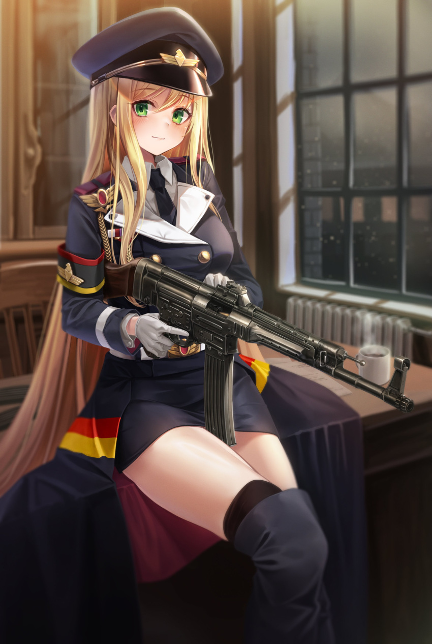 1girl absurdres armband assault_rifle black_necktie blonde_hair blue_jacket blue_skirt breasts buttons commission double-breasted enpera_(jdud8375) german_flag girls_frontline gloves green_eyes gun highres jacket looking_at_viewer military_uniform necktie pencil_skirt rifle shirt sitting skirt smile solo stg44 stg44_(girls'_frontline) thighs uniform weapon white_gloves white_shirt