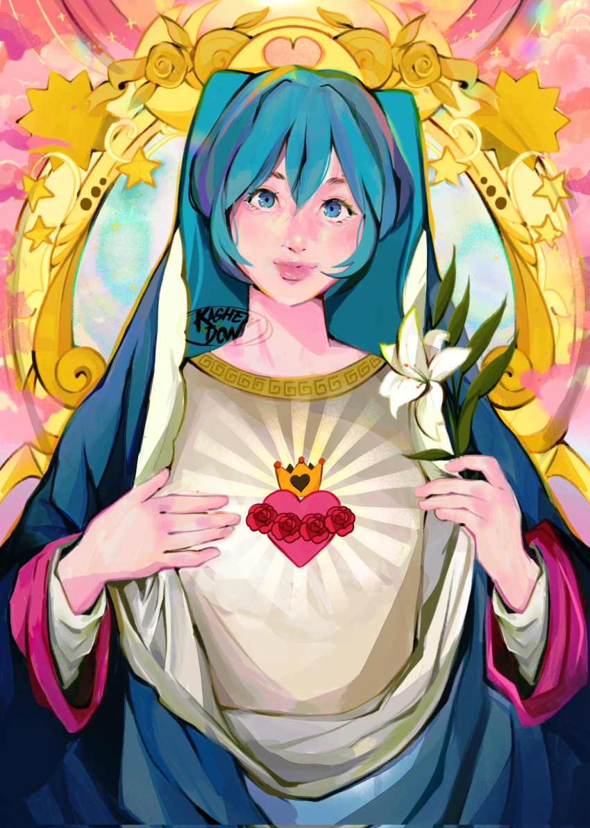 1girl blue_hair christianity cosplay crown english_commentary eyelashes flower hair_between_eyes hatsune_miku heart highres holding holding_flower immaculate_heart_of_mary kashewdon light_rays long_sleeves looking_at_viewer red_flower red_rose rose shirt smile solo star_(symbol) twintails virgin_mary virgin_mary_(cosplay) vocaloid white_lily white_shirt