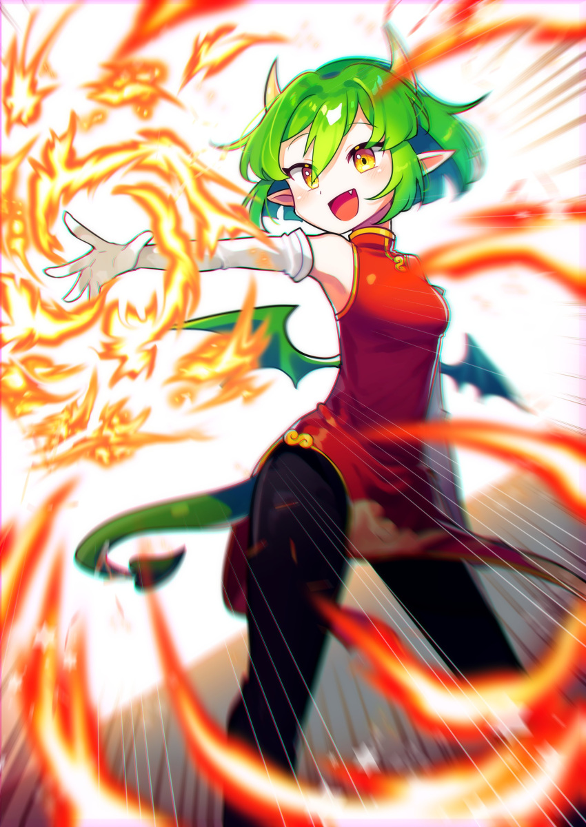 1girl absurdres black_pants china draco_centauros dragon_tail dragon_wings dress elbow_gloves emphasis_lines fire gloves green_eyes green_hair green_wings highres madou_monogatari offbeat open_mouth outstretched_arm pants pants_under_dress pointy_ears puyopuyo pyrokinesis red_dress short_hair solo tail white_gloves wings yellow_eyes yellow_horns