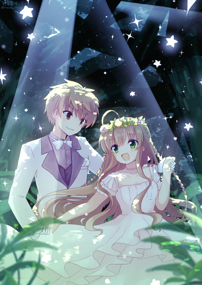 1boy 1girl :d ahoge blurry blush bow bowtie braid brown_hair canaca_chiyuri cleavage_cutout closed_mouth clothing_cutout commentary couple cowboy_shot dancing dappled_moonlight depth_of_field dress english_commentary eyes_visible_through_hair floating_hair flower_wreath forest frilled_dress frills gloves hair_between_eyes hand_up happy head_wreath hetero highres holding_hands kanbe_kotori long_hair long_sleeves looking_at_another moonlight nature night open_mouth orange_eyes orange_hair outdoors rewrite short_hair sidelocks smile sparkle spiky_hair spotlight standing suit tennouji_kotarou twin_braids very_long_hair wavy_hair wedding wedding_dress white_bow white_bowtie white_dress white_gloves white_suit