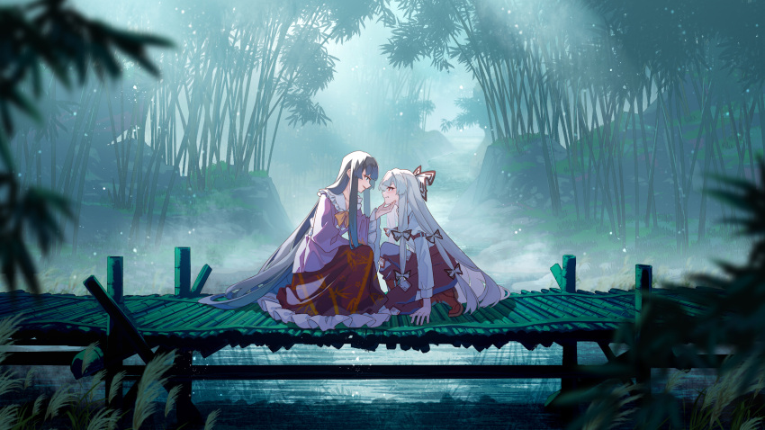 2girls bamboo bamboo_forest black_hair boots bow bridge clenched_teeth forest frilled_shirt_collar frilled_skirt frilled_sleeves frills fujiwara_no_mokou hair_bow highres houraisan_kaguya jiege long_hair long_sleeves multiple_girls nature open_mouth pants pink_shirt red_footwear red_pants red_skirt river shirt skirt sleeve_garter smile teeth touhou white_bow white_hair white_shirt wide_sleeves