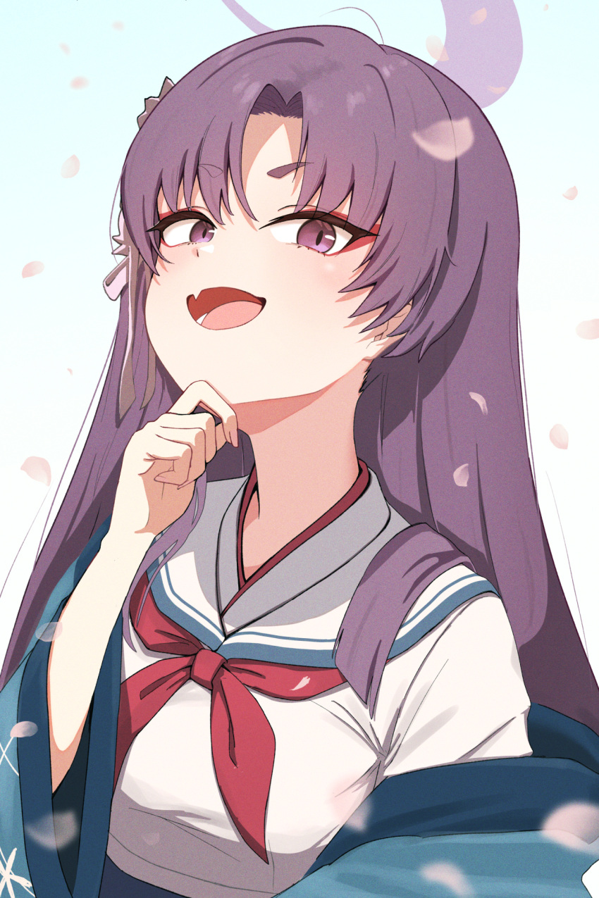 1girl blue_archive breasts eyeshadow fang halo haori highres japanese_clothes large_breasts long_hair looking_at_viewer makeup neckerchief open_mouth petals purple_hair purple_halo red_eyeshadow red_neckerchief sailor_collar school_uniform serafuku short_eyebrows skin_fang smile solo udon_f upper_body violet_eyes white_sailor_collar yukari_(blue_archive)