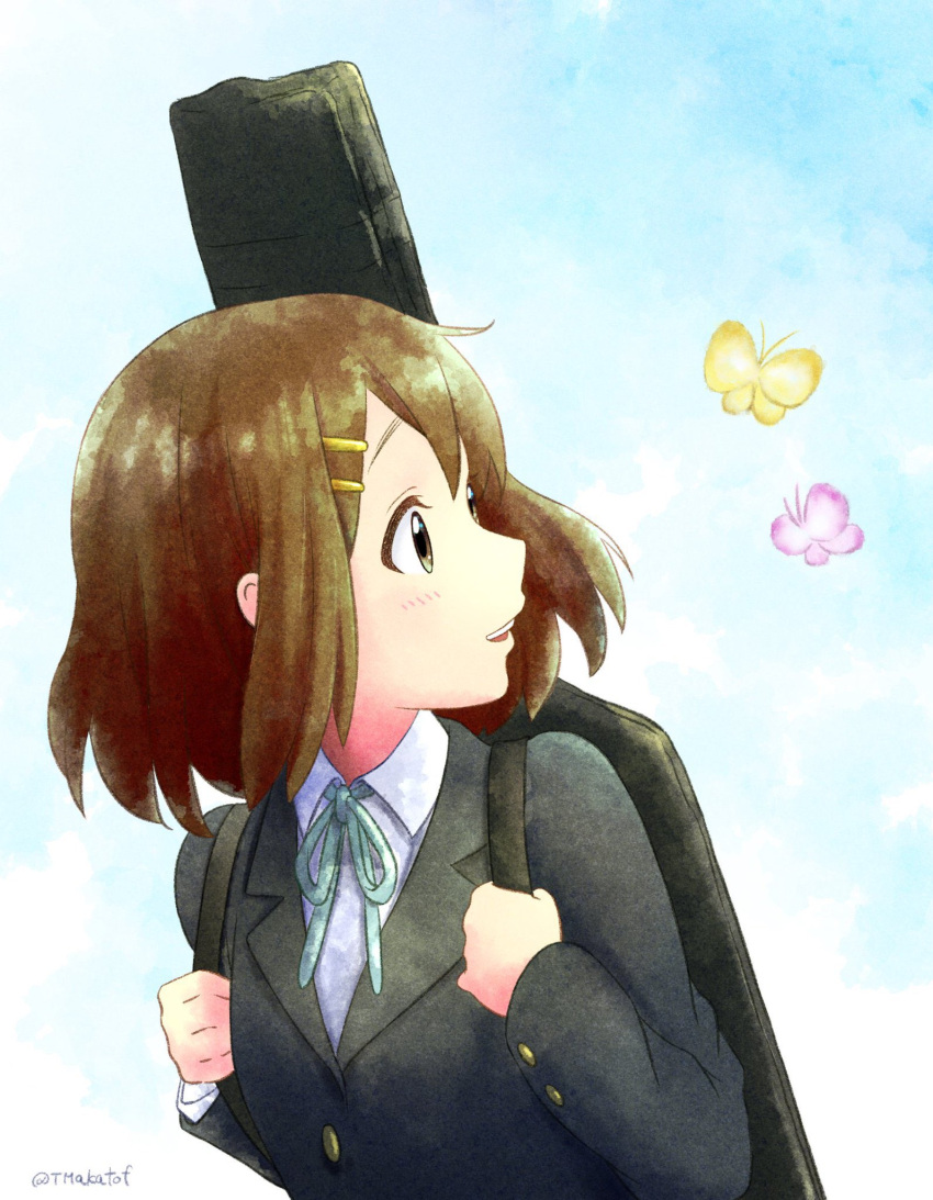 1girl black_jacket blazer blue_ribbon brown_hair bug butterfly collared_shirt commentary_request guitar_case highres hirasawa_yui holding_strap instrument_case jacket k-on! light_blush long_sleeves neck_ribbon outdoors parted_lips pink_butterfly ribbon sakuragaoka_high_school_uniform school_uniform shirt short_hair sky smile solo teeth tmakatof twitter_username upper_body upper_teeth_only white_shirt yellow_butterfly