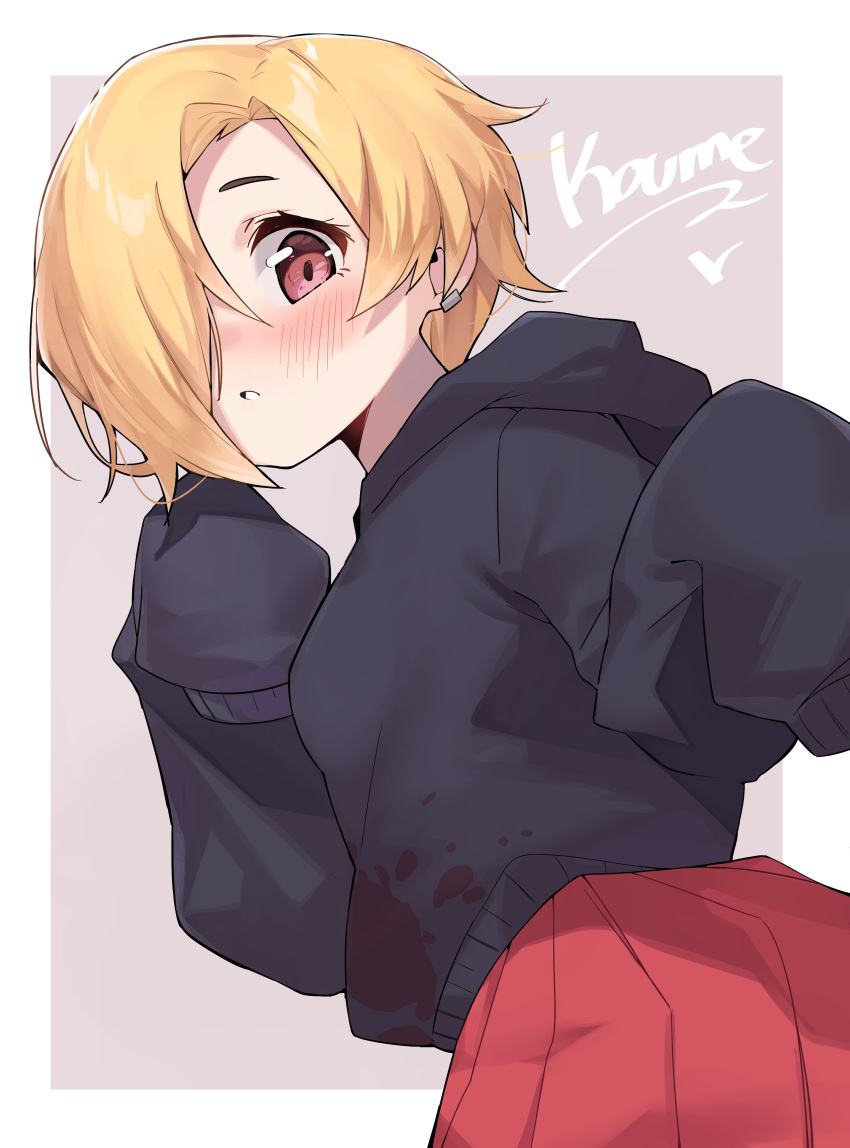 1girl absurdres black_hoodie blonde_hair blush border character_name ear_piercing flat_chest from_below from_side hair_over_one_eye hands_up highres hood hood_down hoodie idolmaster idolmaster_cinderella_girls idolmaster_cinderella_girls_starlight_stage long_sleeves looking_at_viewer looking_down mg_pong open_mouth outside_border piercing pink_background pleated_skirt red_eyes red_skirt shirasaka_koume short_hair shy skirt sleeves_past_fingers sleeves_past_wrists solo white_border