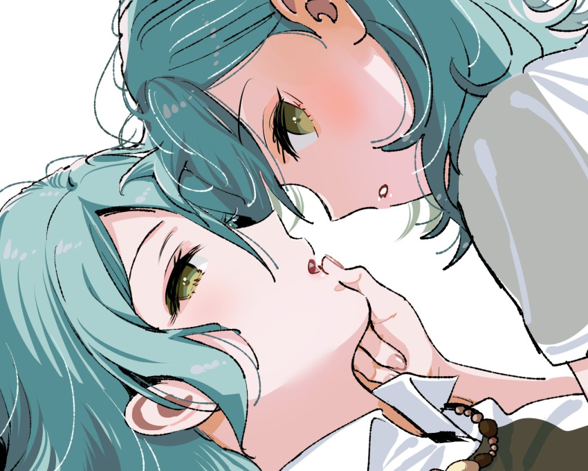 2girls aqua_hair bang_dream! finger_to_another's_mouth green_eyes highres hikawa_hina hikawa_sayo imminent_kiss incest jewelry looking_at_viewer multiple_girls necklace open_mouth profile siblings sisters twincest twins yuri zihacheol