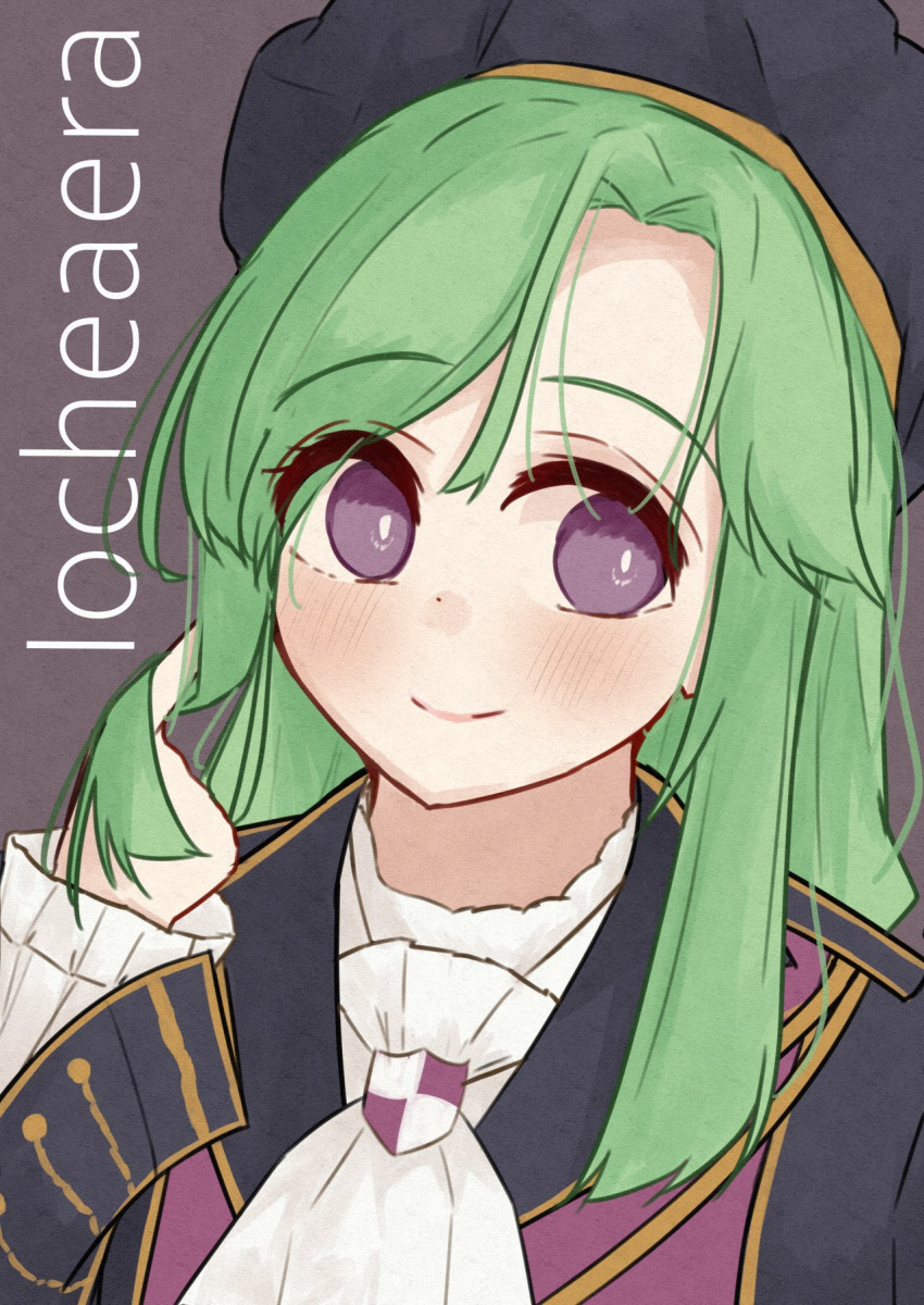 1girl ascot assault_lily beret black_headwear black_jacket blush bright_pupils closed_mouth commentary_request green_hair grey_background hair_twirling hand_up hat highres jacket long_hair long_sleeves meme_(lm0009aetklim) murakami_tokiwa parted_bangs portrait shirt simple_background smile solo violet_eyes white_ascot white_pupils white_shirt