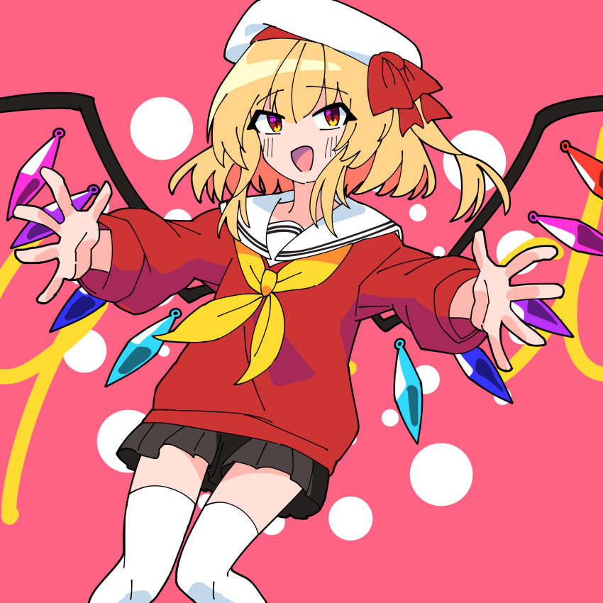 1girl absurdres alternate_costume black_skirt blonde_hair feet_out_of_frame flandre_scarlet highres long_sleeves looking_at_viewer miniskirt mondorium multicolored_wings neckerchief one_side_up open_mouth outstretched_arms pink_background pleated_skirt red_eyes red_shirt sailor_collar sailor_shirt shirt simple_background skirt solo thigh-highs touhou white_headwear white_sailor_collar white_thighhighs wings yellow_neckerchief