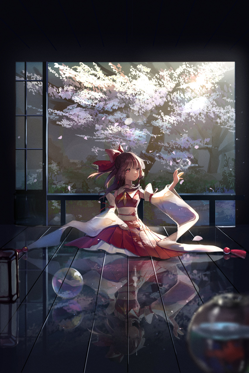1girl absurdres architecture arua bow brown_eyes brown_hair cherry_blossoms detached_sleeves east_asian_architecture hair_bow hakurei_reimu highres long_hair nontraditional_miko pleated_skirt red_bow red_skirt sitting skirt soap_bubbles solo touhou wide_sleeves