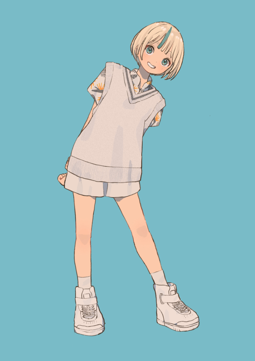 1girl absurdres aqua_eyes aqua_hair arms_behind_back blonde_hair blue_background commentary_request cross-laced_footwear dot_nose full_body hawaiian_shirt high_tops highres leaning_to_the_side light_smile looking_at_viewer mashiro_ka multicolored_hair original parted_lips shirt shirt_under_sweater shoes short_hair shorts simple_background sneakers socks solo standing streaked_hair sweater_vest teeth white_footwear white_shorts white_socks white_sweater_vest