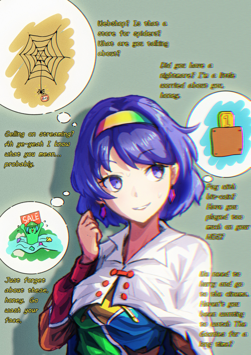 1girl ?_block absurdres alternate_language bag blue_hair bug cape chinese_commentary clenched_hand coin commentary crystal_earrings dress earrings english_text flying_sweatdrops gem green_background green_hat hairband hand_up hat highres imagining jewelry kappa long_sleeves looking_to_the_side meme multicolored_dress multicolored_hairband nine_years_in_a_coma_(meme) parted_lips partially_submerged patchwork_clothes purple_hair rainbow_gradient river shopping_bag short_hair silk simple_background sleepymoon smile solo speech_bubble spider spider_web sweat tenkyuu_chimata thought_bubble touhou upper_body variant_set violet_eyes white_cape