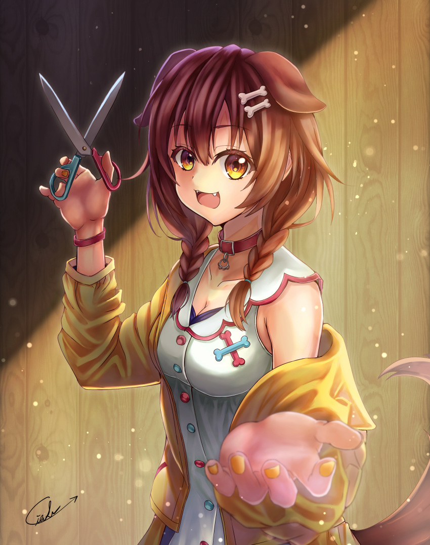 1girl absurdres animal_collar animal_ears aria_honmono blush bone_hair_ornament braid breasts brown_eyes brown_hair brown_tail buttons collar dog_ears dog_girl dog_tail dress fangs hair_between_eyes hair_ornament highres holding holding_scissors hololive inugami_korone inugami_korone_(1st_costume) jacket looking_at_viewer low_twin_braids open_mouth red_collar scissors smile solo tail twin_braids virtual_youtuber yellow_jacket