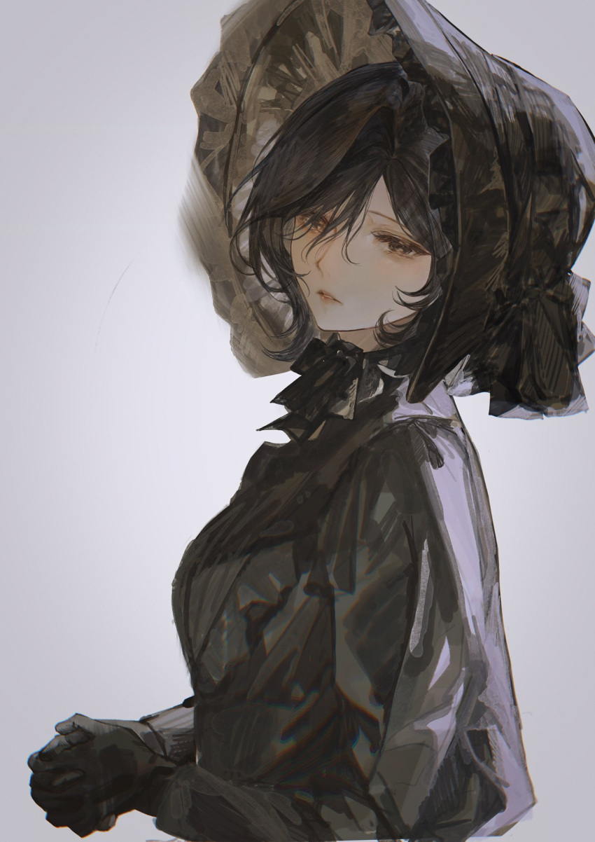 1girl black_dress black_eyes black_gloves black_hair black_headwear chromatic_aberration close-up dress gloves grey_background hair_between_eyes highres long_sleeves looking_at_viewer moaomao_mo original parted_lips short_hair simple_background solo upper_body
