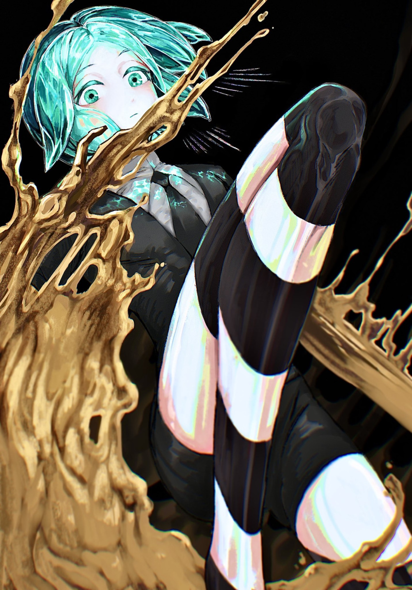 1other androgynous aqua_eyes aqua_hair black_background black_necktie blurry caustics closed_mouth collared_shirt colored_eyelashes colored_skin crystal_hair depth_of_field desu_bba gem_uniform_(houseki_no_kuni) glowing glowing_hair golden_arms highres houseki_no_kuni looking_at_viewer molten_metal necktie other_focus phosphophyllite shirt short_hair simple_background solo striped_skin white_skin