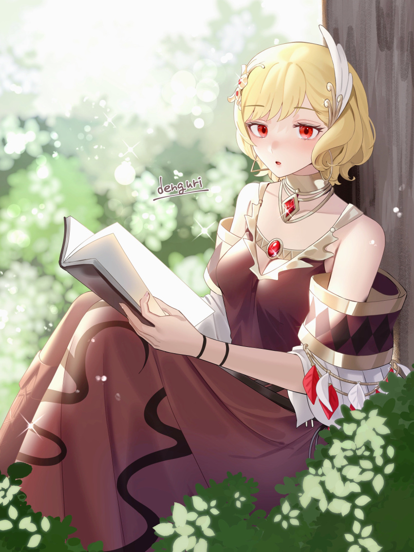 1girl absurdres bare_shoulders blonde_hair blush book choker citrinne_(fire_emblem) detached_sleeves dress feather_hair_ornament feathers fire_emblem fire_emblem_engage gold_choker gold_trim hair_ornament highres holding holding_book jewelry long_dress necklace open_mouth red_eyes sakuramotikun shawl short_hair signature sitting solo